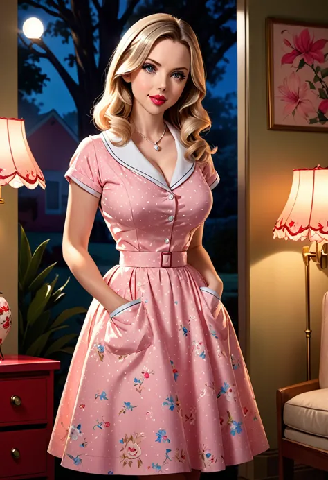  50s house wife. full length. featuring warm lighting and shadows. should be of the highest quality, a masterpiece with intricat...