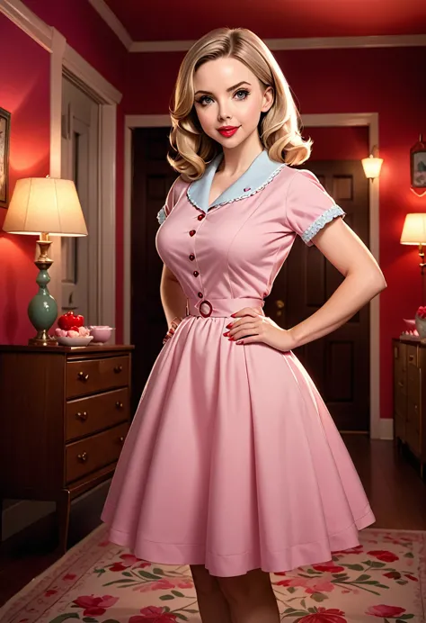  50s house wife. full length. featuring warm lighting and shadows. should be of the highest quality, a masterpiece with intricat...