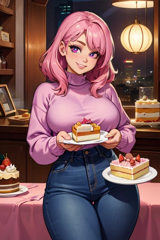 Perfect face. Perfect hands. A pink haired woman with violet eyes with an hourglass figure in a cute sweater and jeans is eating a cake with a big smile