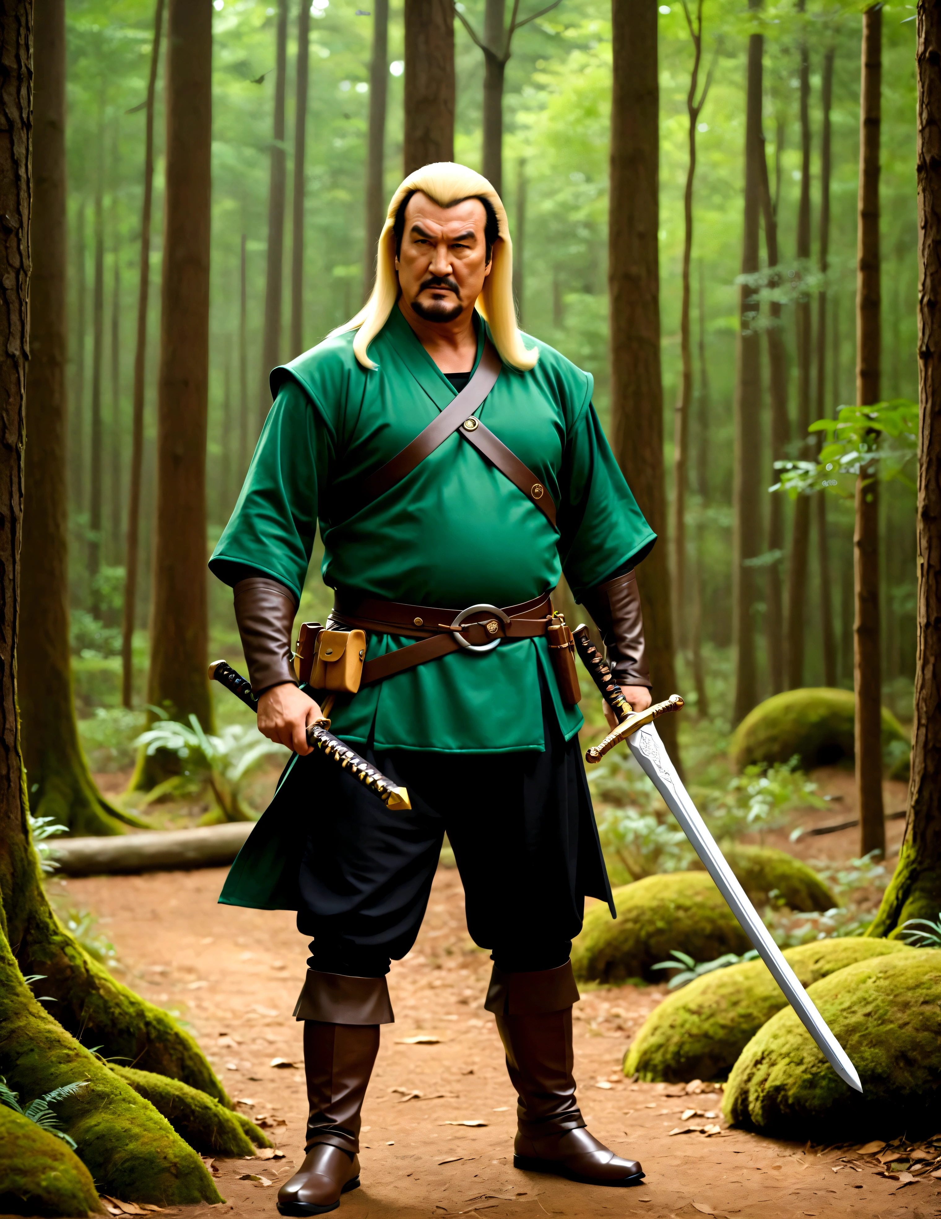 Steven Seagal (current, modern, big belly) in the role of Link (Link costume, elf ears, blonde wig over black hair, Link's shield on arm), akido pose, forest. Small magic fairy hovers nearby blue aura
