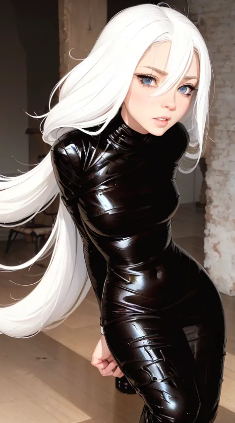 [[[[[solo girl, all alone]]]]]. long white hair, assasin girl, young adult, perfect shape, gorgeous hips, small breast, distress...