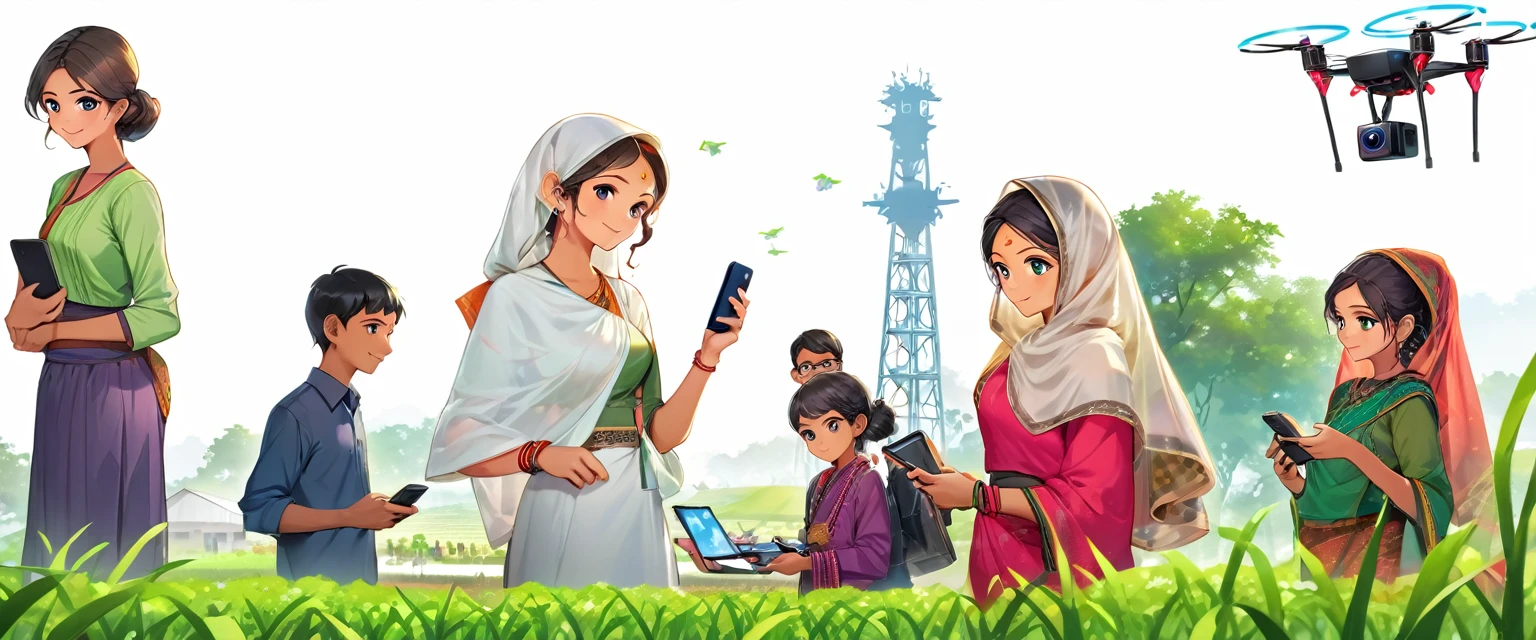 (Bangladesh)), imagen de póster de un paisaje vibrante de Bangladesh, donde convergen tradición y tecnología, a Pueblo Inteligente emerges., Pueblo Inteligente: Uniendo la tradición y la comunidad conectada a la tecnología: Los aldeanos adoptan Internet y las computadoras, mejorar su vida diaria y su trabajo. Agricultura moderna: Agricultores que utilizan teléfonos inteligentes para una mejor gestión de cultivos y acceso al mercado. Familias habilitadas por la tecnología: Familias felices que se benefician de una mejor comunicación y educación a través de la tecnología. Infraestructura innovadora: Torres móviles que garantizan una conectividad perfecta, con drones y robots apoyando la agricultura