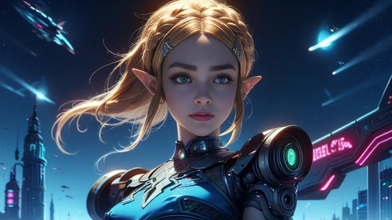 calidad superior, mundo futuro, Robot de última generación, Mujer hermosa, zelda, pelo volador, Transformado en un cyborg excepto por la cara.,  Transformado en un cyborg excepto por el hombro., imagenes sexys, foto de cuerpo entero, ((la leyenda de Zelda))