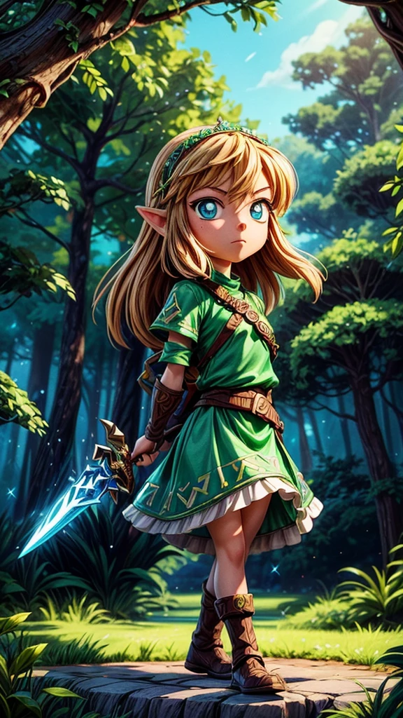 Detailed fantasy illustrations of the Legend of Zelda、A young female protagonist with long hair and piercing blue eyes、Wearing a green tunic、Towering Tree々and sparkling magic elements、Dramatic lighting、Bright colors、Cinematic composition、Intricate details、Mysterious forest stream landscape、Ready your sword and attack the enemy、Divine Light、Dynamic fighting pose