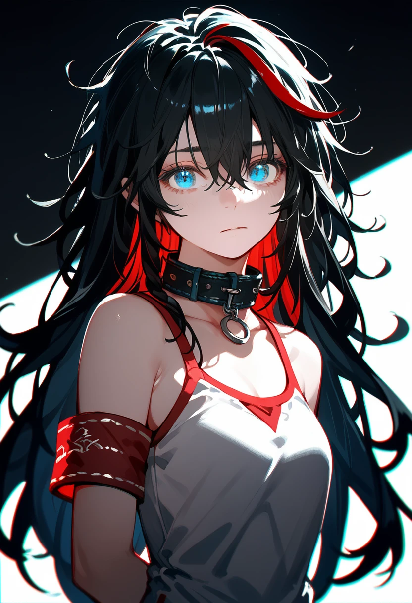 best quality, Intricate details, Chromatic Aberration, 1 girl, long hair, black hair, Bangs, messy hair, Red highlights, blue eyes, innocent eyes, collar, armband, Put your arms behind your back, Arm,  