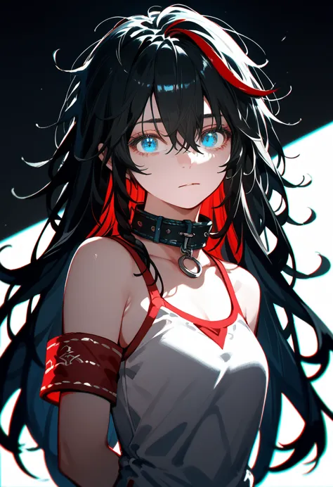 best quality, intricate details, chromatic aberration, 1 girl, long hair, black hair, bangs, messy hair, red highlights, blue ey...