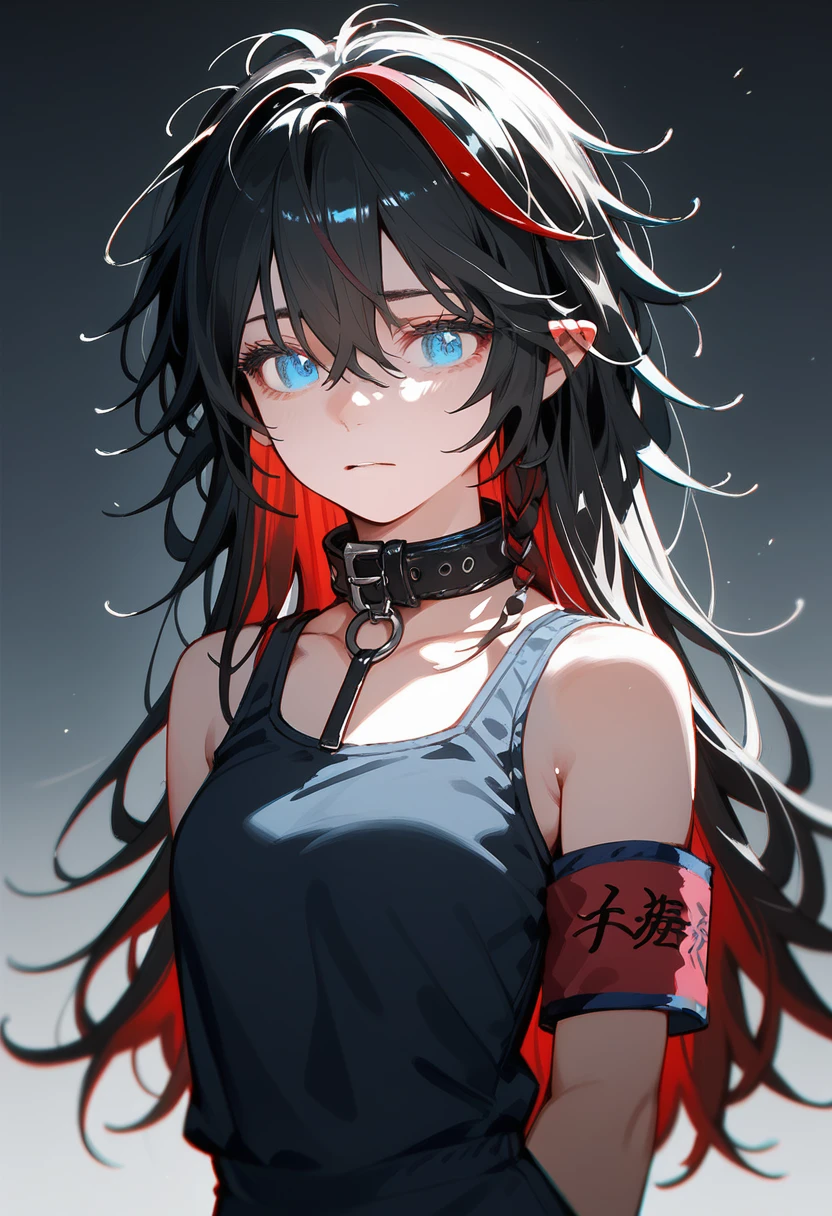 best quality, Intricate details, Chromatic Aberration, 1 girl, long hair, black hair, Bangs, messy hair, Red highlights, blue eyes, innocent eyes, collar, armband, Put your arms behind your back, Arm,  