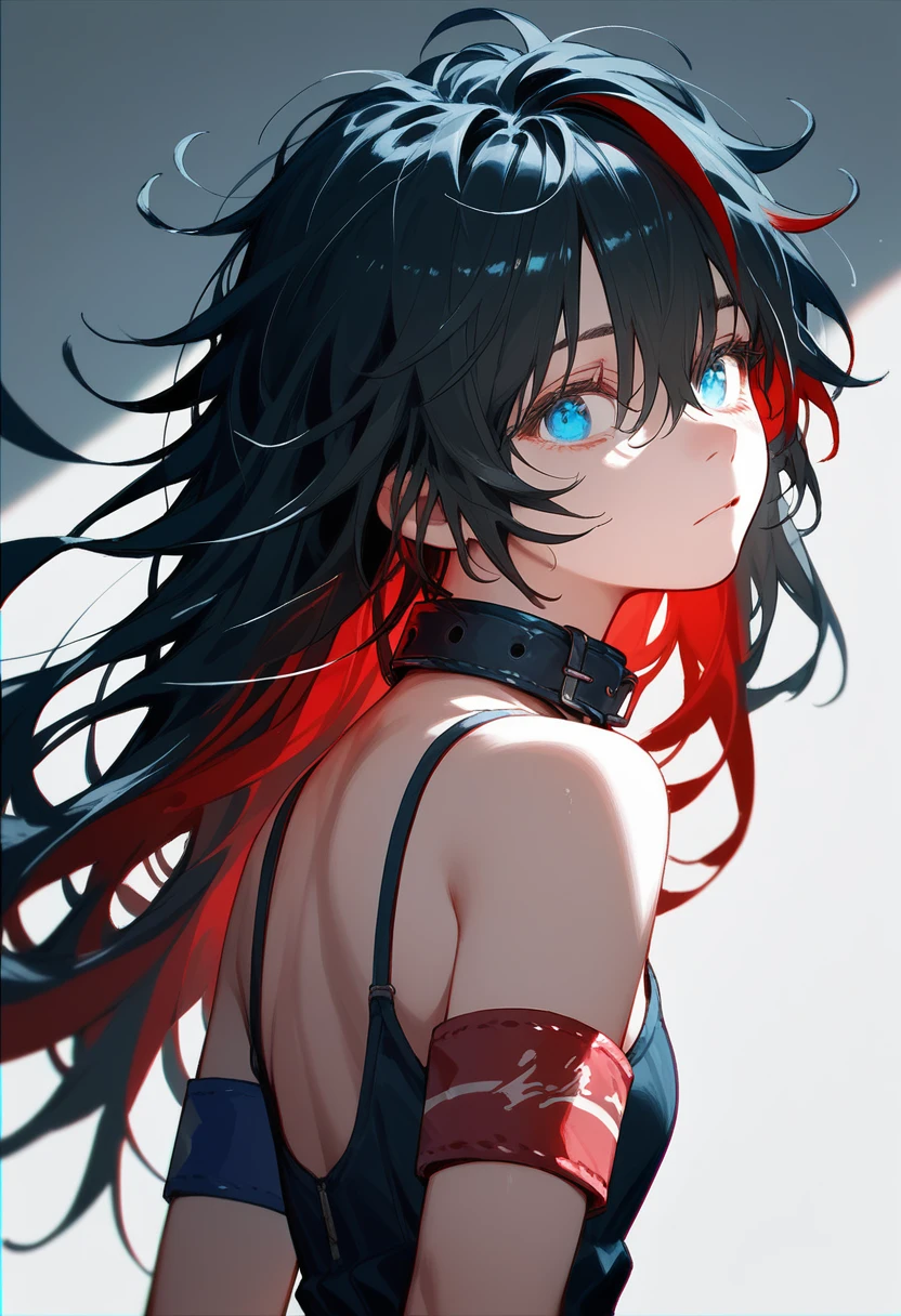 best quality, Intricate details, Chromatic Aberration, 1 girl, long hair, black hair, Bangs, messy hair, Red highlights, blue eyes, innocent eyes, collar, armband, Put your arms behind your back, Arm,  