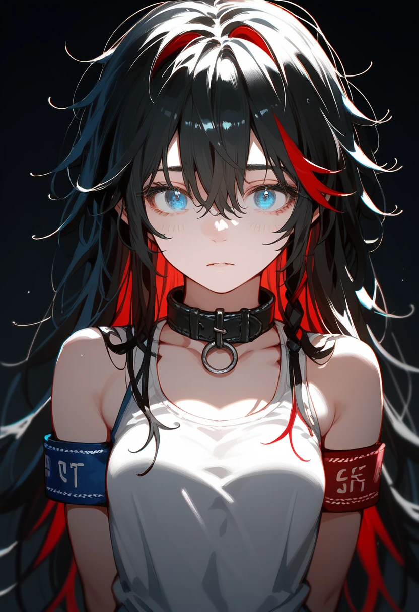 best quality, Intricate details, Chromatic Aberration, 1 girl, long hair, black hair, Bangs, messy hair, Red highlights, blue eyes, innocent eyes, collar, armband, Put your arms behind your back, Arm,  