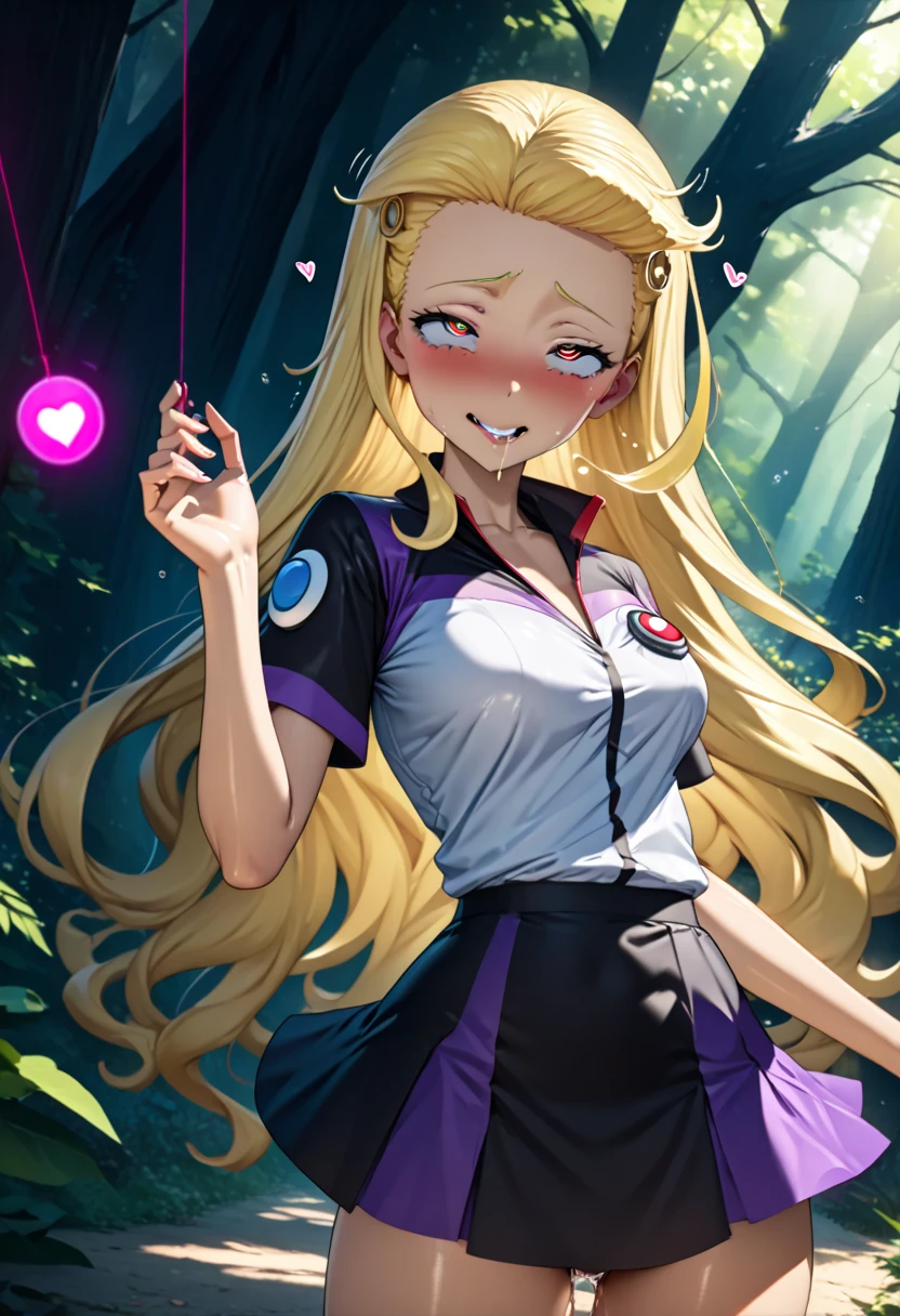 (masterpiece),(Highest quality),(Super detailed),(Best illustrations),(Best Shadow),(Absurd),(Detailed Background),(so beautiful),(in forest),(Pokémon trainer outfit with skirt), 16K, 8K,(Best illustrations),(so beautiful), One person, alone, , very long hair, Blonde, Perfect figure, spiral-shaped pupils, Arched back, orgasm, afterglow, erotic smile, pokeball badge hair fastening, Sexy posture, pose towards camera, water eyes, saliva trail, , shiny skin, Taking illegal drugs, , torogao, ahegao, BREAK, Clear liquid, morning, , Hypnosis assignment, mysterious, , spoken hearts, Pendulum, old coin on string, swinging pendulum, pendulum infront of camera, watches pendulum intentivly, hands gripping body, pendulum pulses purple power,