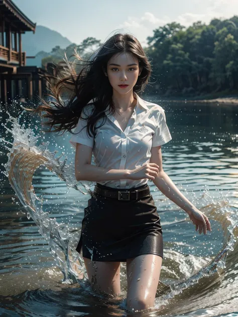 18s woman in thai university uniform, very beautiful, pretty, wet long straight hair, white wet plain short-sleeve button up shi...