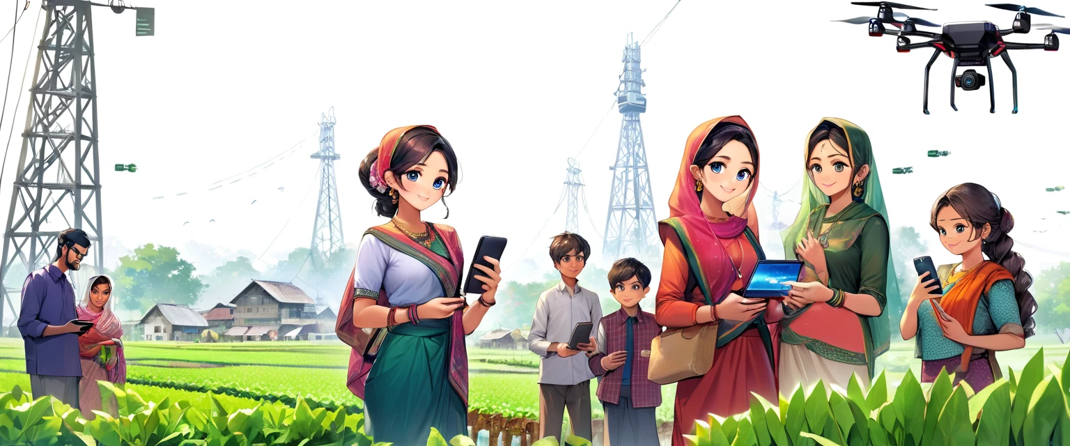 (Bangladesh)), imagen de póster de un paisaje vibrante de Bangladesh, donde convergen tradición y tecnología, a Pueblo Inteligente emerges., Pueblo Inteligente: Uniendo la tradición y la comunidad conectada a la tecnología: Los aldeanos adoptan Internet y las computadoras, mejorar su vida diaria y su trabajo. Agricultura moderna: Agricultores que utilizan teléfonos inteligentes para una mejor gestión de cultivos y acceso al mercado. Familias habilitadas por la tecnología: Familias felices que se benefician de una mejor comunicación y educación a través de la tecnología. Infraestructura innovadora: Torres móviles que garantizan una conectividad perfecta, con drones y robots apoyando la agricultura