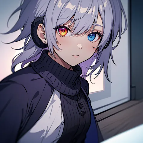 Silver-haired man, Navy blue and purple heterochromia, Detailed face, Wearing a white shirt and a black cardigan, slacks, Wearin...