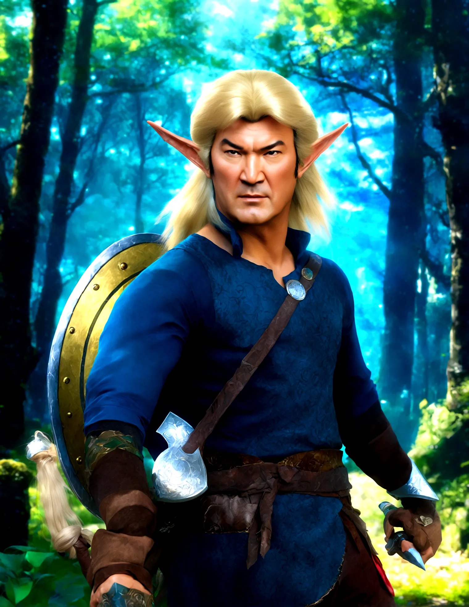 a Steven Seagal as Link, blonde wig over black hair, elf ears, Link's shield on arm, akido pose, forest background, small magic ...