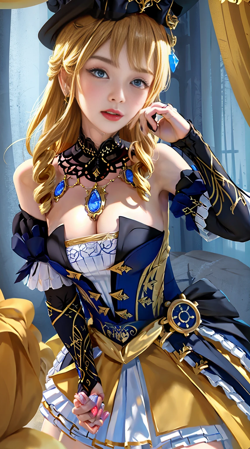 photorealistic, high resolution, soft lights, 1women, solo, hips up, look at viewer, (detailed face), blue eyes, white hair, long hair, (silk Ribbon in front:1.3),earrings,filigree,detached sleeves,wide sleeves,(revealing clothes),jewelry, (cleavage,bare shoulder,strapless,Simple Choker, yellow tube dress,no bra:1.1),ningguangdef, yellow cheongsam,