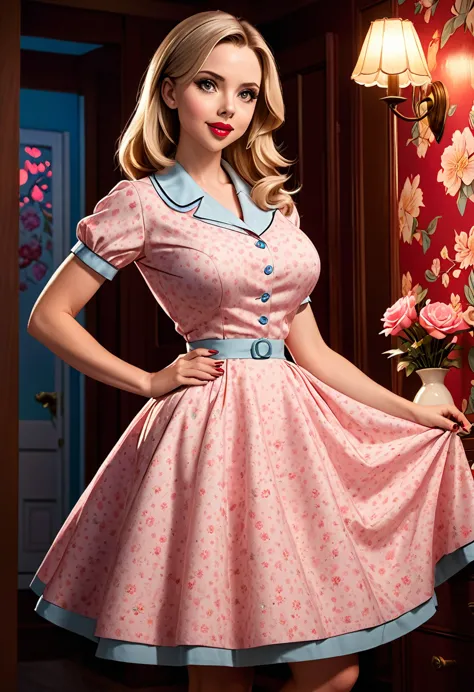 50s house wife. full length. featuring warm lighting and shadows. should be of the highest quality, a masterpiece with intricate...