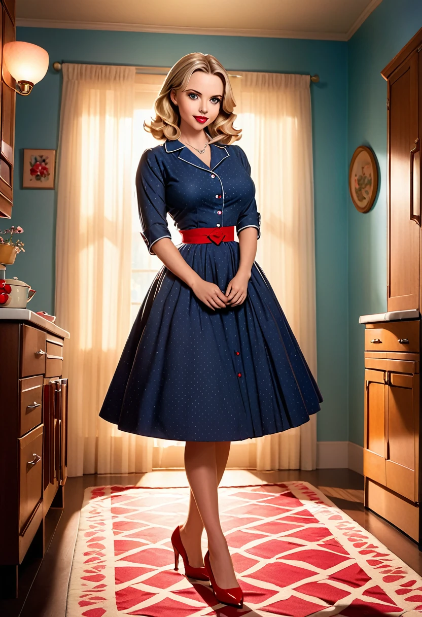 ama de casa de los años 50. longitud total. con iluminación cálida y sombras. debe ser de la más alta calidad, una obra maestra con detalles intrincados. manos en la cintura. cute ama de casa de los años 50 dress. Tacones rojos. Ella debería tener labios deliciosos., una amplia sonrisa, y brillante, ojos expresivos, exudando belleza, Monería, y adorable. Asegúrese de que la imagen sea de alta resolución y nítidamente detallada., con un fondo detallado y vibrante. escarlata johanson, Alison Brie, Dove Cameron incorpora iluminación mística de fondo, creando una atmósfera romántica y encantadora.
