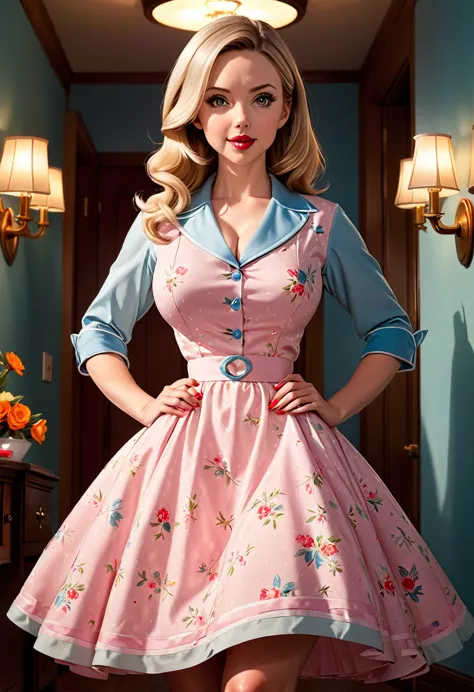 50s house wife. full length. featuring warm lighting and shadows. should be of the highest quality, a masterpiece with intricate...