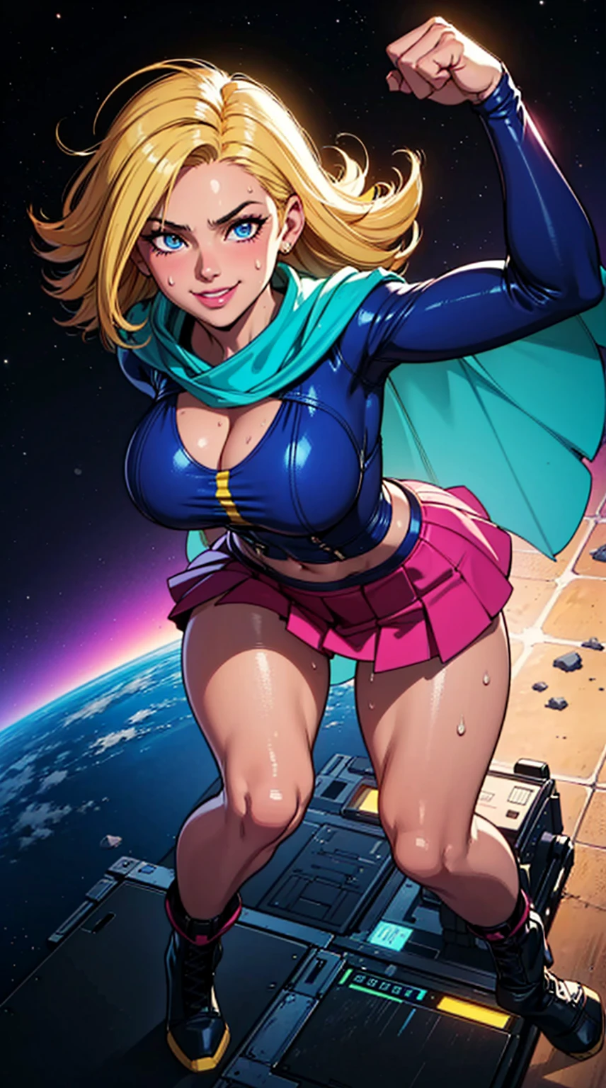 Digital painting of a woman with royal blue and yellow hair, super hero, muscle girl, pose, fist up, ((from above)), 1knee up, Behance Contest Winner, Afrofuturism, Synthwave, neon, glowing neon, sagging massive breasts, very short highschool skirt, cape, sweat, glossy silky skin, smile, in space,