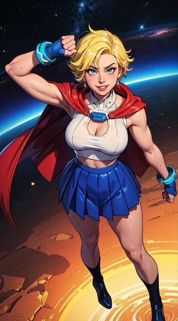 Digital painting of a woman with royal blue and yellow hair, super hero, muscle girl, pose, fist up, ((from above)), 1knee up, Behance Contest Winner, Afrofuturism, Synthwave, neon, glowing neon, sagging massive breasts, very short highschool skirt, cape, sweat, glossy silky skin, smile, in space,