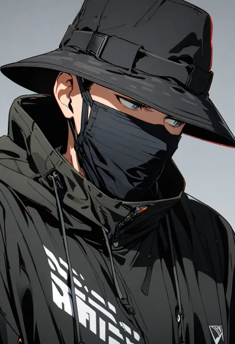 mouth mask, 1man, black man, bucket hat, tech hear, jacket, half body