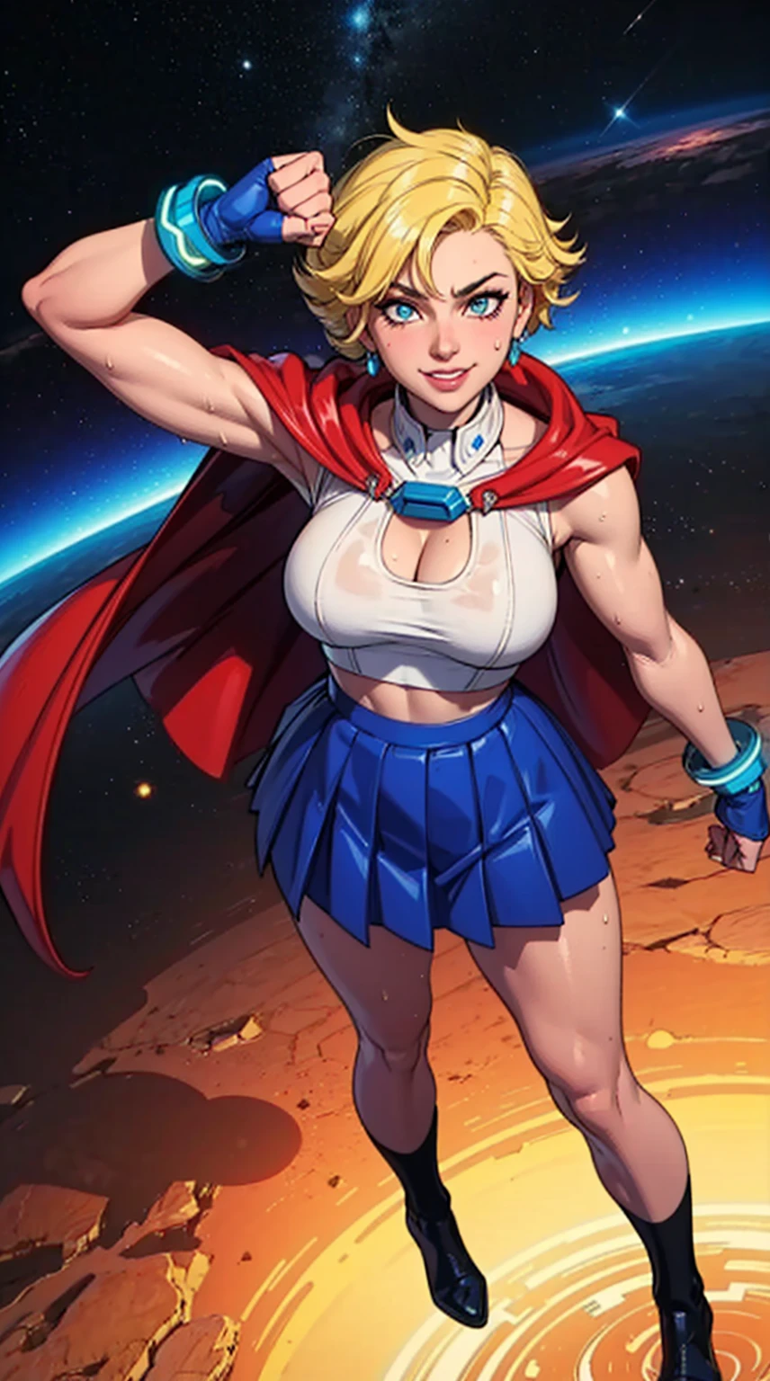 Digital painting of a woman with royal blue and yellow hair, super hero, muscle girl, pose, fist up, ((from above)), 1knee up, Behance Contest Winner, Afrofuturism, Synthwave, neon, glowing neon, sagging massive breasts, very short highschool skirt, cape, sweat, glossy silky skin, smile, in space,