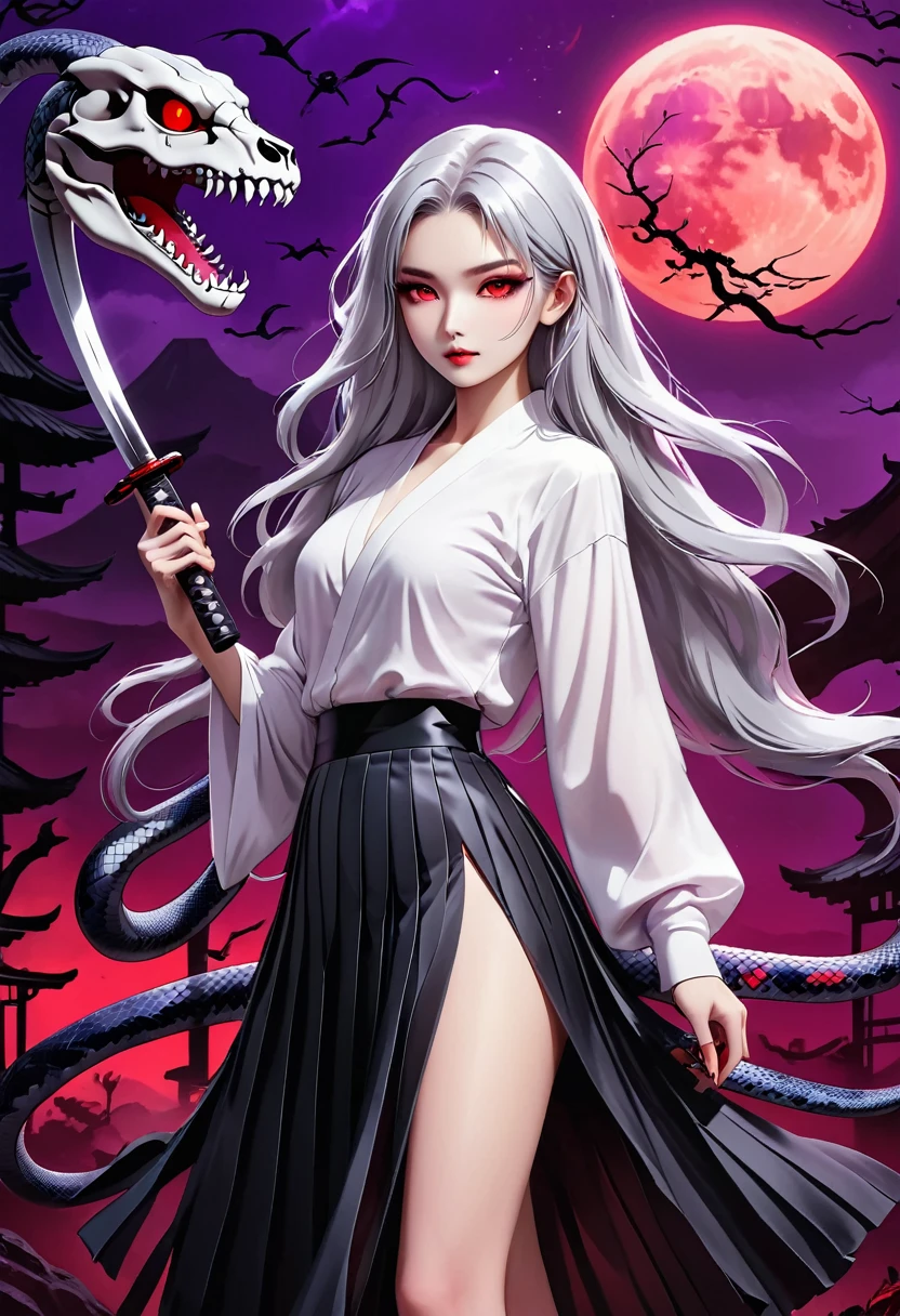 Flat style，Japanese anime style，(((1 beautiful girl，Silver long hair，Smooth skin，Black pleated skirt)))，Katana in hand，Elegant dynamic pose，Dynamic Blur，Red Moon，Dark purple tones，Mysterious and elegant atmosphere，(((Purple fluorescent python snake skeleton background)))