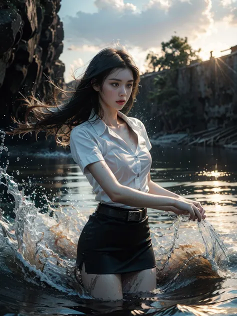 18s woman in thai university uniform, very beautiful, pretty, wet long straight hair, white wet plain short-sleeve button up shi...