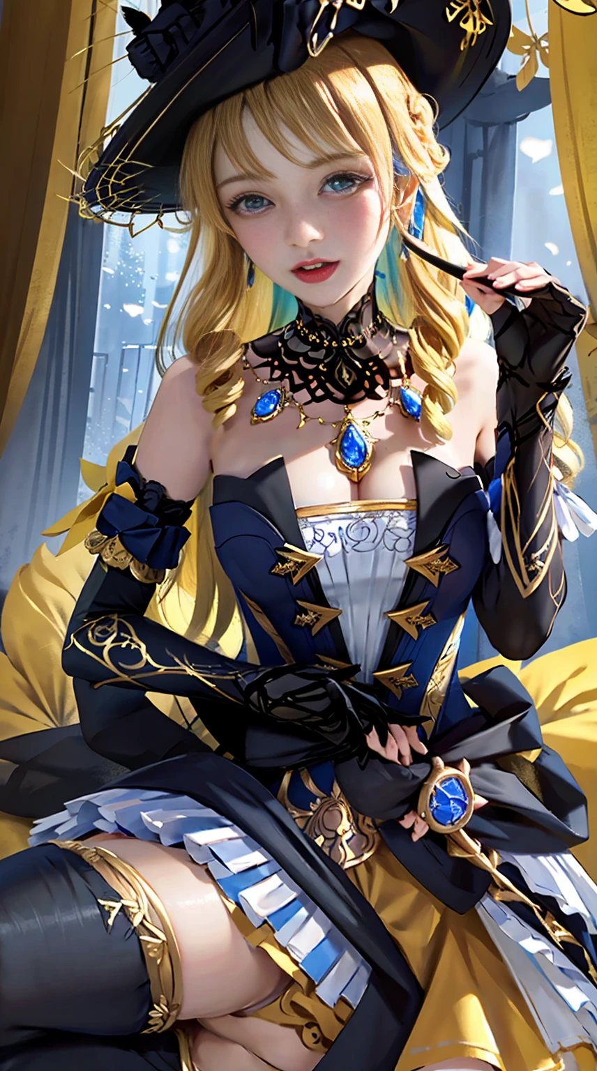 photorealistic, high resolution, soft lights, 1women, solo, hips up, look at viewer, (detailed face), blue eyes, white hair, long hair, (silk Ribbon in front:1.3),earrings,filigree,detached sleeves,wide sleeves,(revealing clothes),jewelry, (cleavage,bare shoulder,strapless,Simple Choker, yellow tube dress,no bra:1.1),ningguangdef, yellow cheongsam,