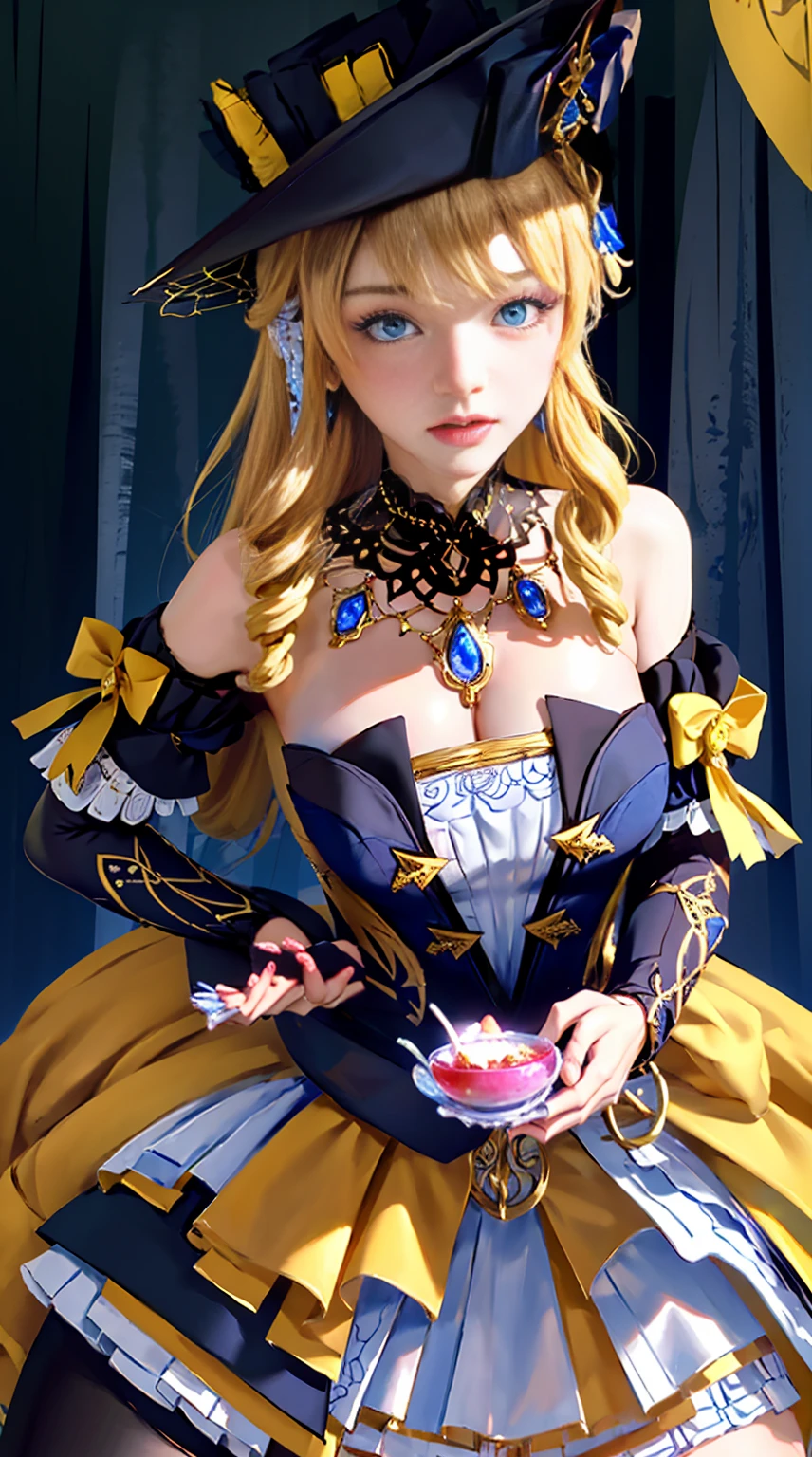 photorealistic, high resolution, soft lights, 1women, solo, hips up, look at viewer, (detailed face), blue eyes, white hair, long hair, (silk Ribbon in front:1.3),earrings,filigree,detached sleeves,wide sleeves,(revealing clothes),jewelry,(beautiful eyes), (blue eyes),(cleavage,bare shoulder,strapless,Simple Choker, yellow tube dress,no bra:1.1),ningguangdef, yellow cheongsam,