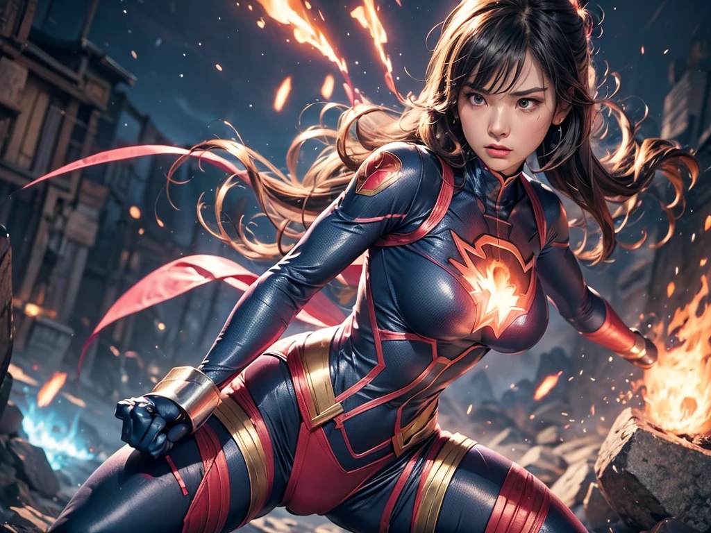 1girl, a superhero, blue-white-pink bodysuit, tight bodysuit, with fire-bender power, in fighting scene, looks angry, in the air,  in a distant,