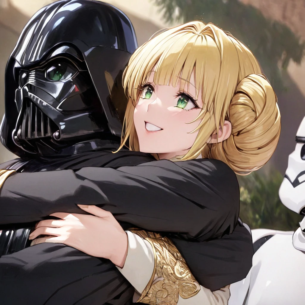 ((Highest quality)), ((masterpiece)), (detailed), （Perfect Face）、The woman is a Stormtrooper named Tiare, with green eyes, blonde medium-length hair, and a Princess Leia hairstyle. She is wearing a luxurious Princess Leia costume of black with gold embroidery and trim, and a luxurious black cloak.、The woman is hugging Darth Vader and smiling fondly at him.