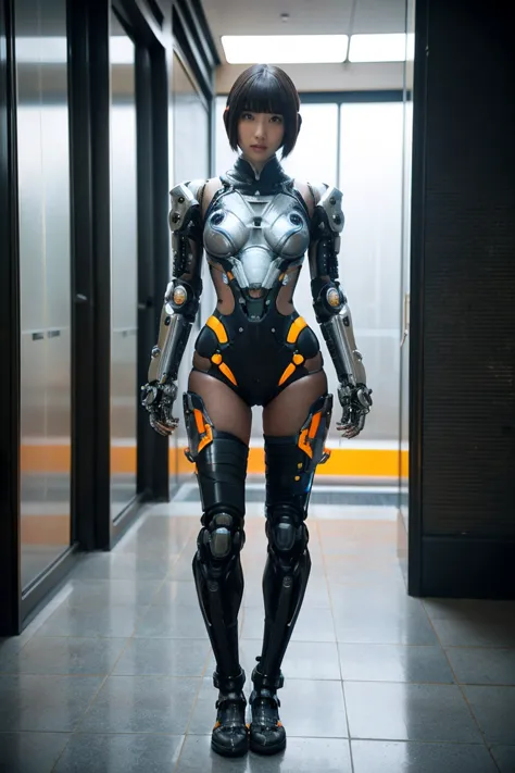 1girl, solo, wearing a mechanical suit, mechanical wonder, cyberpunk, cybernetic guardian, futuristic armor, full body, front po...