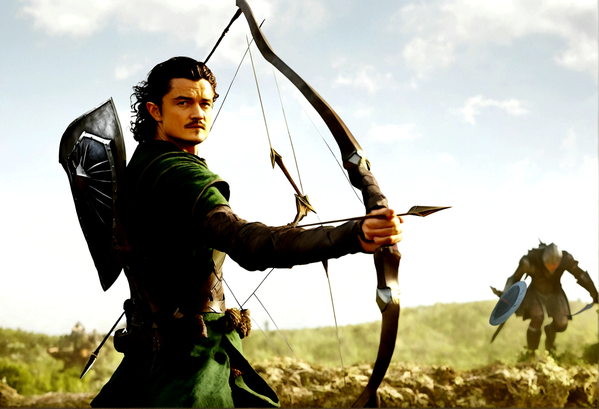 Orlando Bloom (2008, Link Costume, bow and arrow, shield on back) heroic pose, monster in distance
