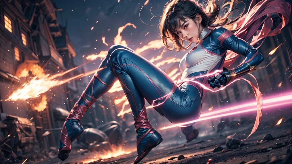 1girl, a superhero, blue-white-pink bodysuit, tight bodysuit, with fire-bender power, in fighting scene, magic ricochets, looks angry, in the air,  in a distant, full body, 