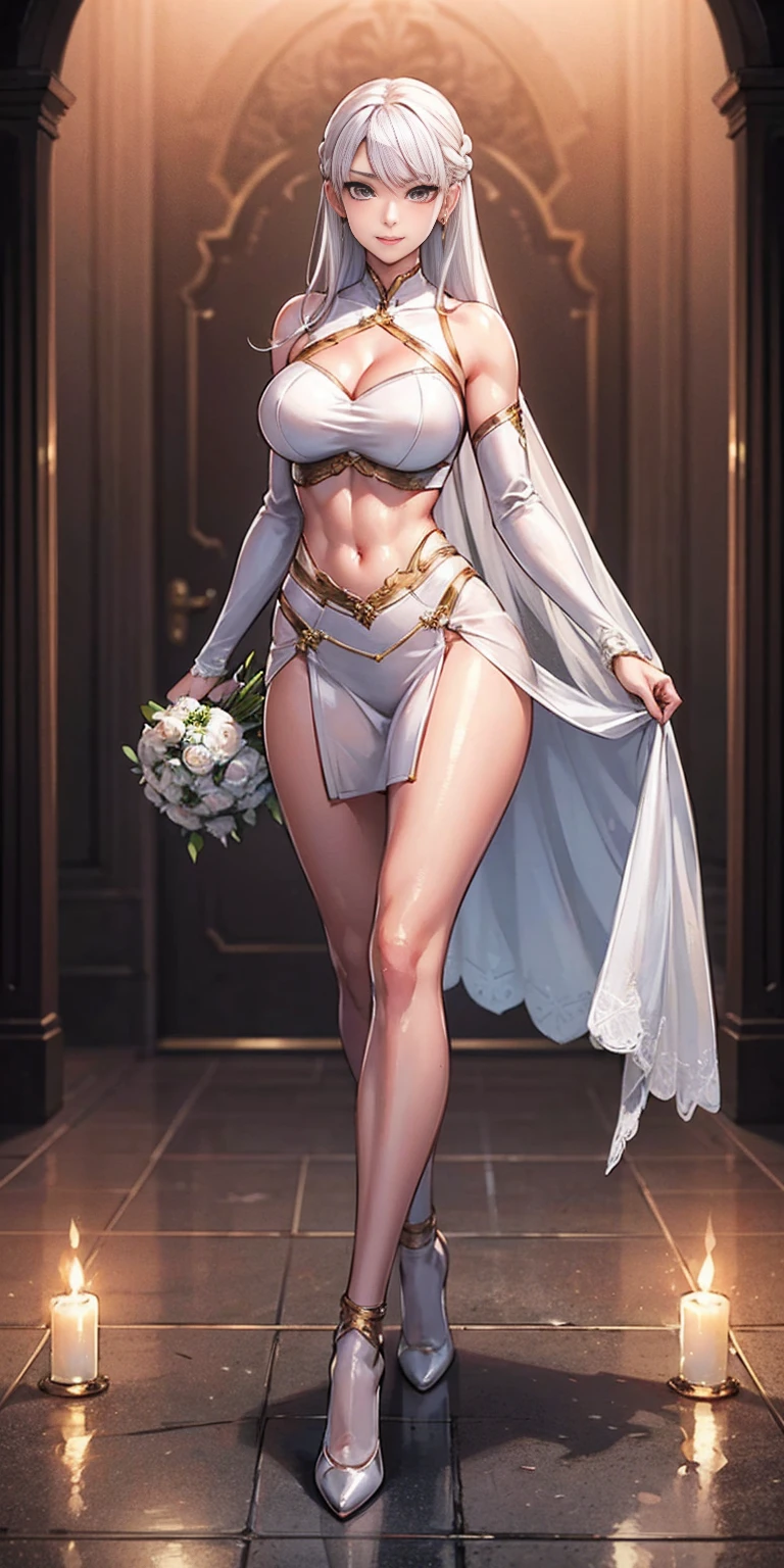 (masterpiece, best quality), intricate details, 1girl, Bridesmaid Muscular full body woman White hair White braid Motherly body smile Porcelain skin Red heels with feet together Long hair Hands on waist Navel Strong abs Direct look Perfect lighting Masterpiece High quality