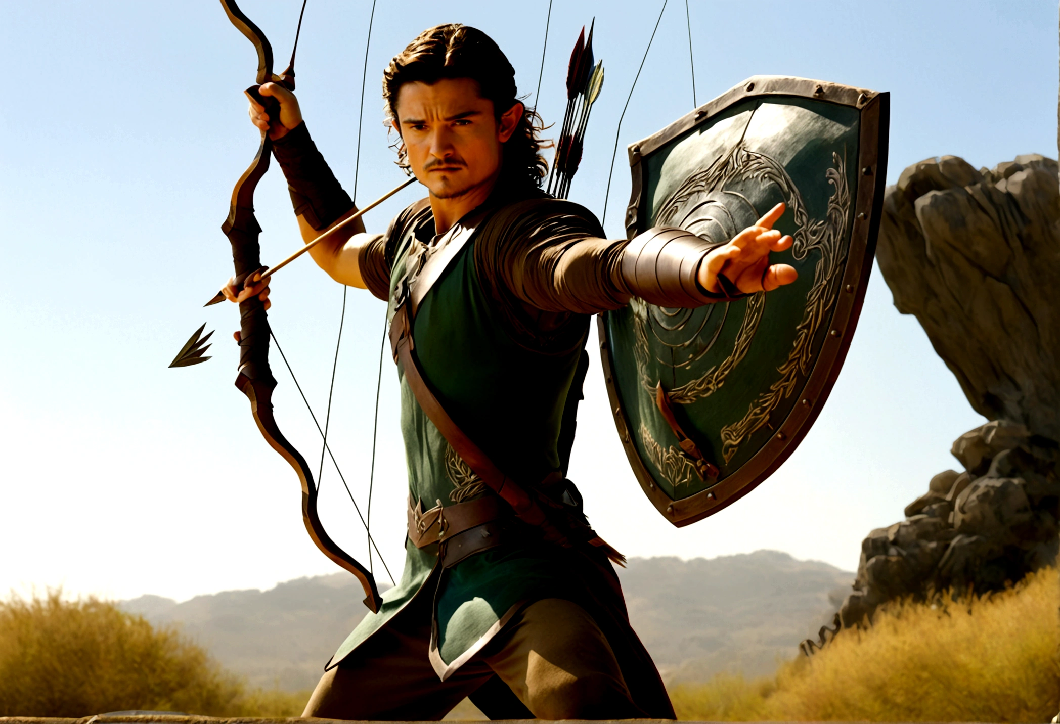 Orlando Bloom (2008, Link Costume, bow and arrow, shield on back) heroic pose, monster in distance
