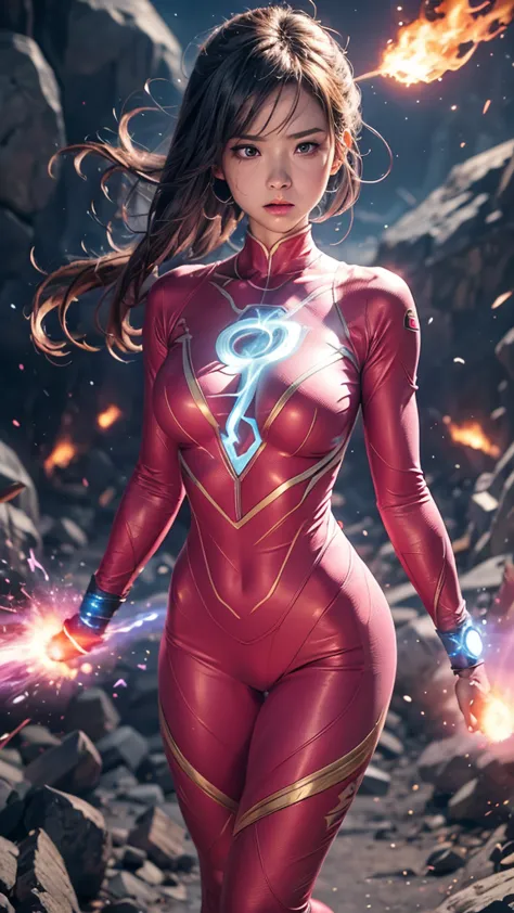 1girl, a superhero, blue-white-pink bodysuit, tight bodysuit, with fire-bender power, in fighting scene, magic ricochets, looks ...