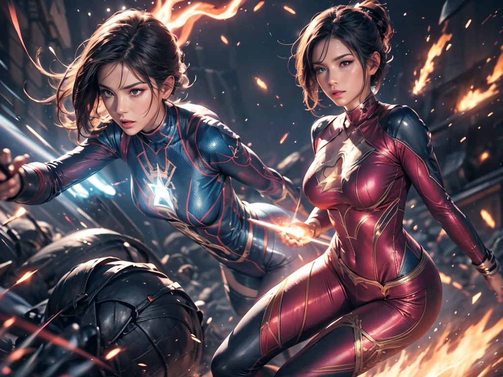 1girl, a superhero, blue-white-pink half-bodysuit, tight bodysuit, with fire-bender power, in fighting scene, octane rendering, epic details, cinematic lights, magic ricochets, looks angry, in the air,  in a distant, full body, 