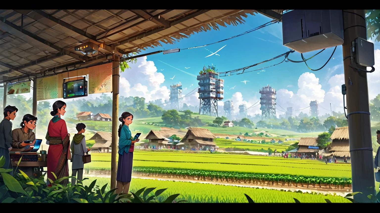 (방글라데시)), poster image of a vibrant landscape of 방글라데시, 전통과 기술이 만나는 곳, a 스마트빌리지 emerges., 스마트빌리지: 전통과 기술을 연결하는 커뮤니티: 인터넷과 컴퓨터를 받아들이는 마을 사람들, 일상 생활과 업무를 향상시킵니다.. 현대 농업: 더 나은 작물 관리 및 시장 접근을 위해 스마트폰을 활용하는 농부들. 기술 지원 가족: 기술을 통한 향상된 의사소통과 교육으로 혜택을 받는 행복한 가족. 혁신적인 인프라: 원활한 연결을 보장하는 모바일 타워, 농업을 지원하는 드론과 로봇으로