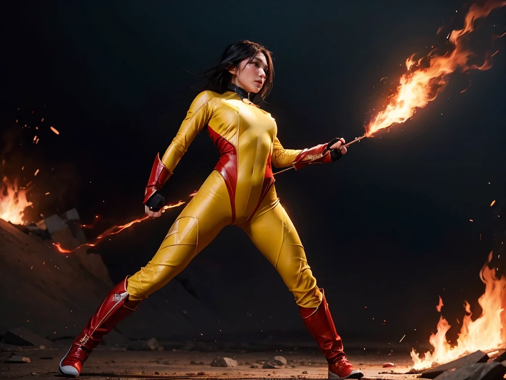 1 chica, Un superheroé, traje de cuerpo amarillo-blanco-rojo, mono ajustado, con poder de control del fuego, En escena de lucha, campo de batalla, renderizado de octanaje, detalles épicos, luces cinemáticas, rebotes mágicos, parece enojado, En el aire,  in a distant, cuerpo completo, 