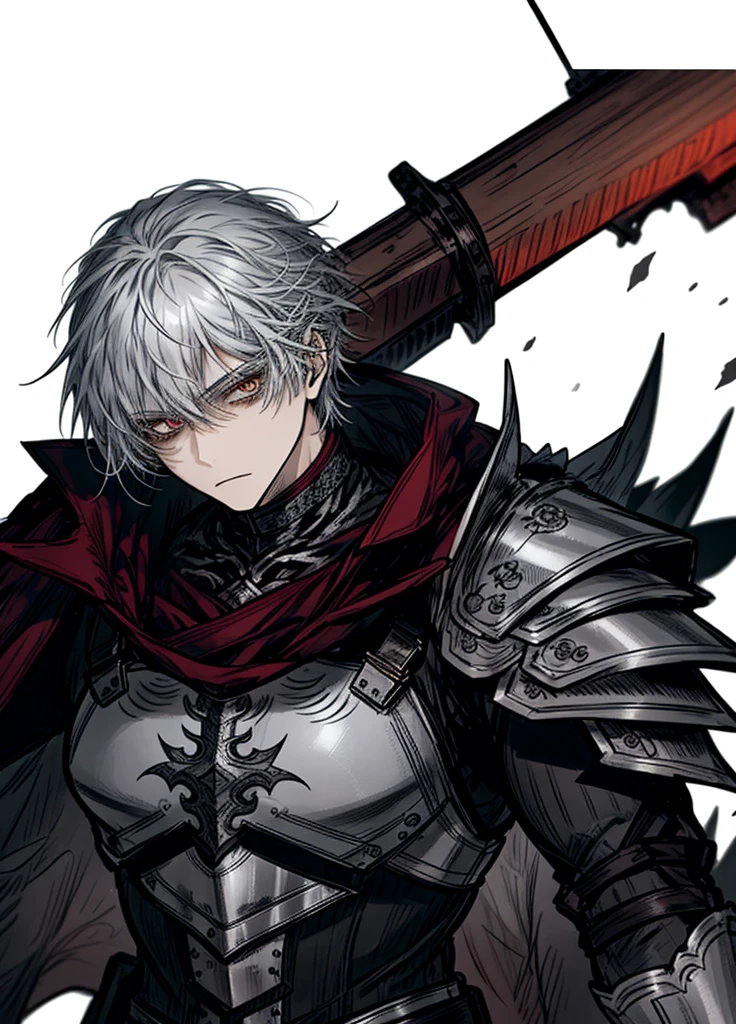 1boy ,Silver hair, silver eyes ,silver armor, mercenary, leather suit, weapon, sfw, beautiful clothes , (masterpiece, best quality) , sword, calm