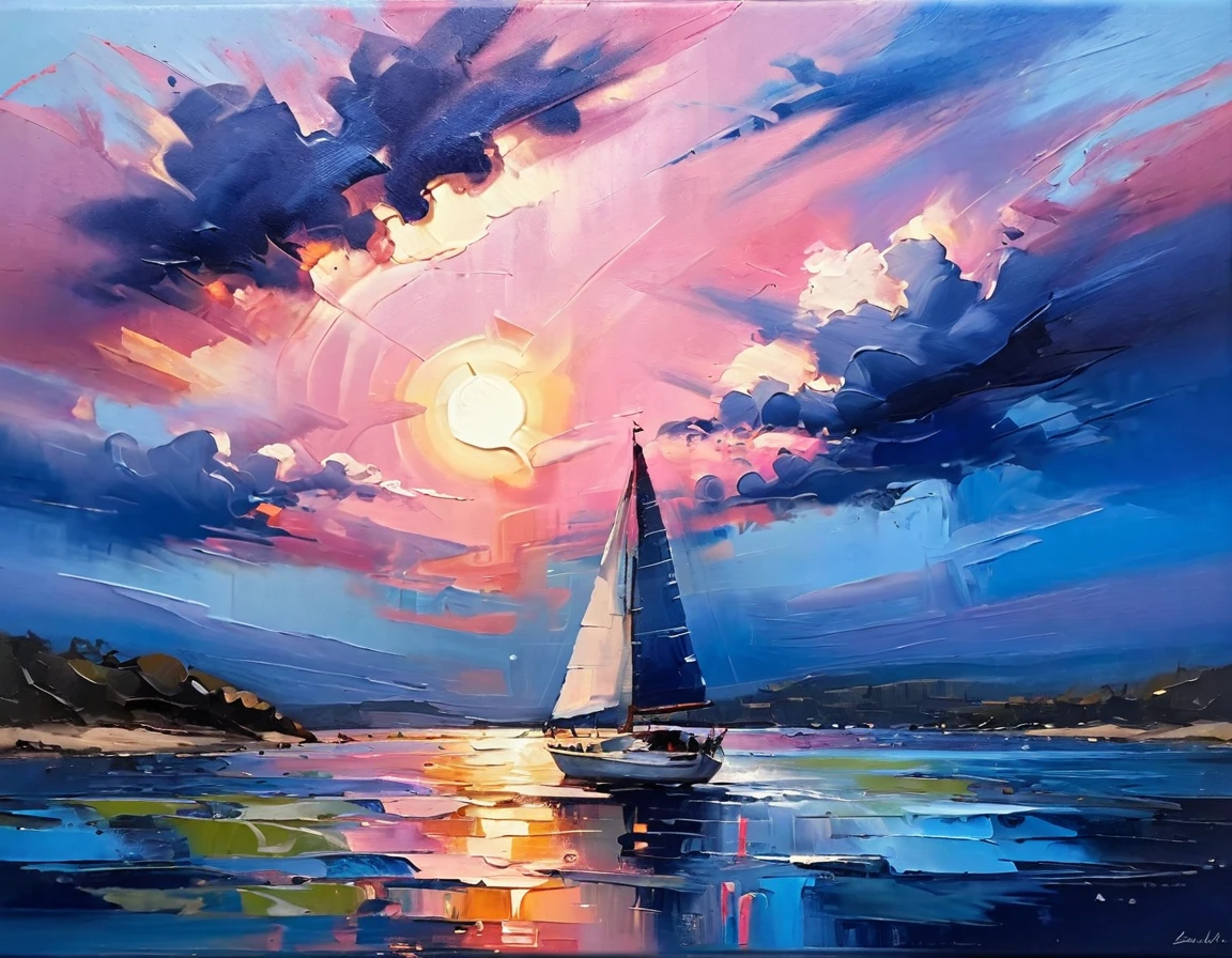 uma pintura a óleo de textura espessa, pinceladas de impasto, escovação a seco,revelando camadas inferiores, composição de tirar o fôlego, lindo brilho do pôr do sol, cena linda e quente, iluminação temperamental, sombras dramáticas, cores terrosas suaves, cores vibrantes, Altamente detalhado, obra de arte, usando uma paleta de rosa claro, azul silenciado, azul acinzentado escuro, brilhante blue, blue shade of emoção, Garantir que os elementos de design sejam equilibrados e harmoniosos. barco a vela，proporção perfeita，superfície do mar，céu azul，brilhante，fundo branco，Real，emoção，tinta texturizada espessa, 