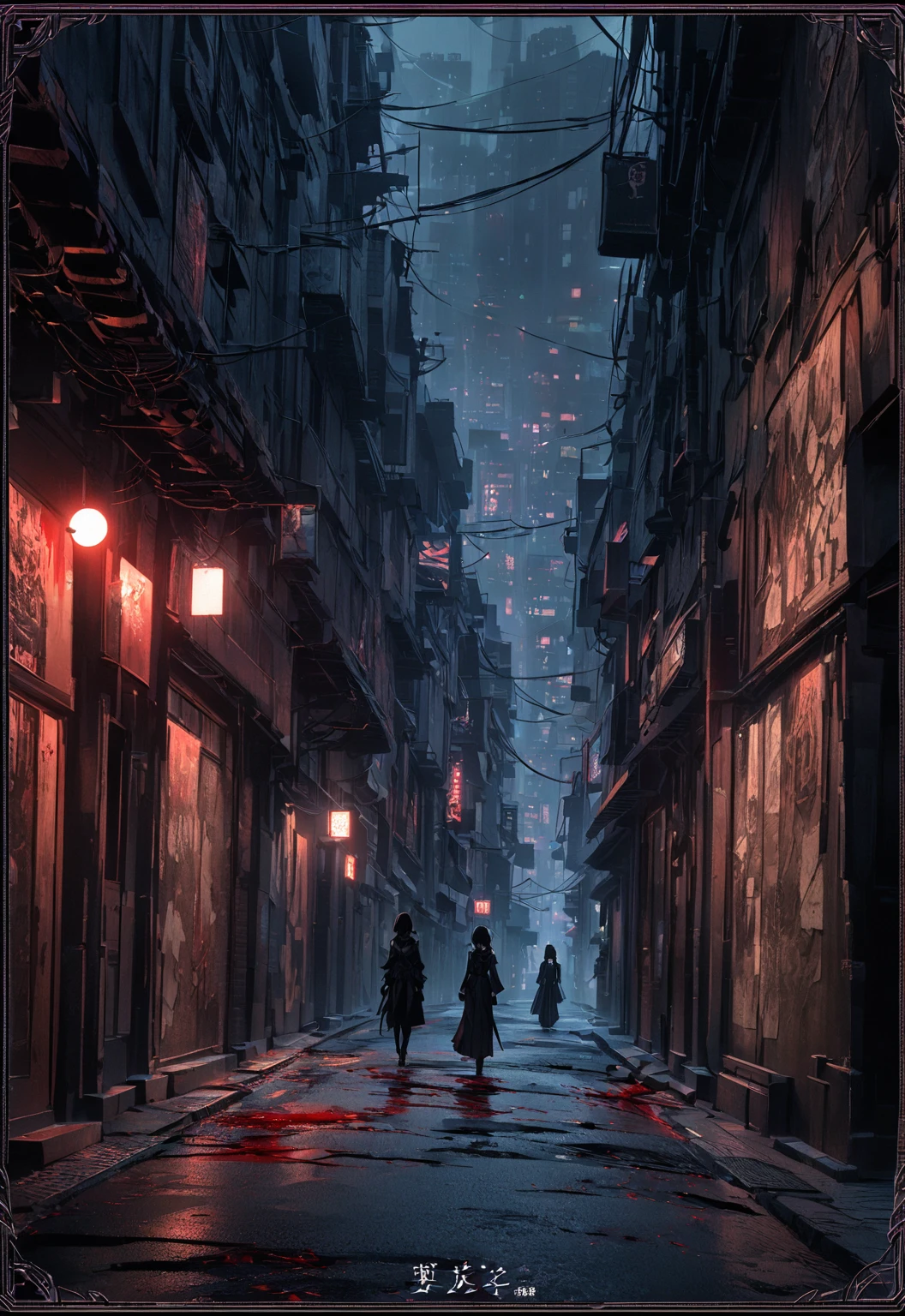 Card border UI，Modern urban minimalist style，Noble and elegant dark suspense style，City street alley，There is a black figure walking alone into the distance on the road in the center of the picture.。Spooky，Night view，dark，confusion，Abstract Style。Rosewood frame，Parchment Backing，There is blood on it。