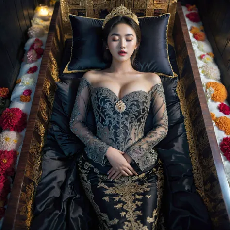 In a striking 8K HDR scene, a stunning Korean woman, 22 years old, lies peacefully in a black coffin surrounded by plush pillows...