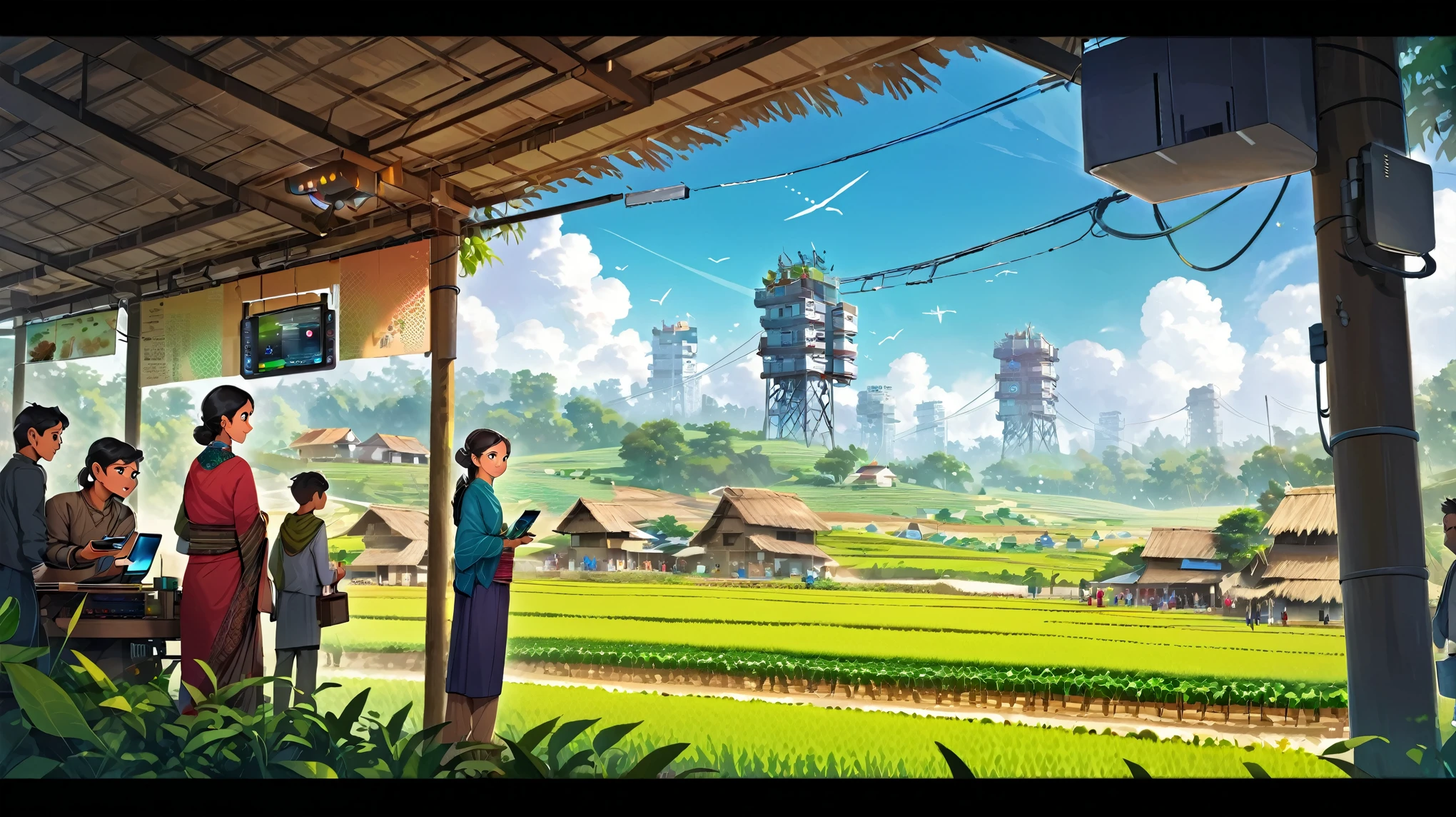 (Bangladesch)), poster image of a vibrant landscape of Bangladesch, wo Tradition und Technologie zusammentreffen, a Smart village emerges., Smart village: Eine Brücke zwischen Tradition und Technologie – eine vernetzte Gemeinschaft: Dorfbewohner begrüßen Internet und Computer, Verbesserung ihres täglichen Lebens und ihrer Arbeit. Moderne Landwirtschaft: Landwirte nutzen Smartphones für besseres Erntemanagement und besseren Marktzugang. Technisch versierte Familien: Glückliche Familien profitieren von verbesserter Kommunikation und Bildung durch Technologie. Innovative Infrastruktur: Mobilfunkmasten sorgen für nahtlose Konnektivität, mit Drohnen und Robotern, die die Landwirtschaft unterstützen