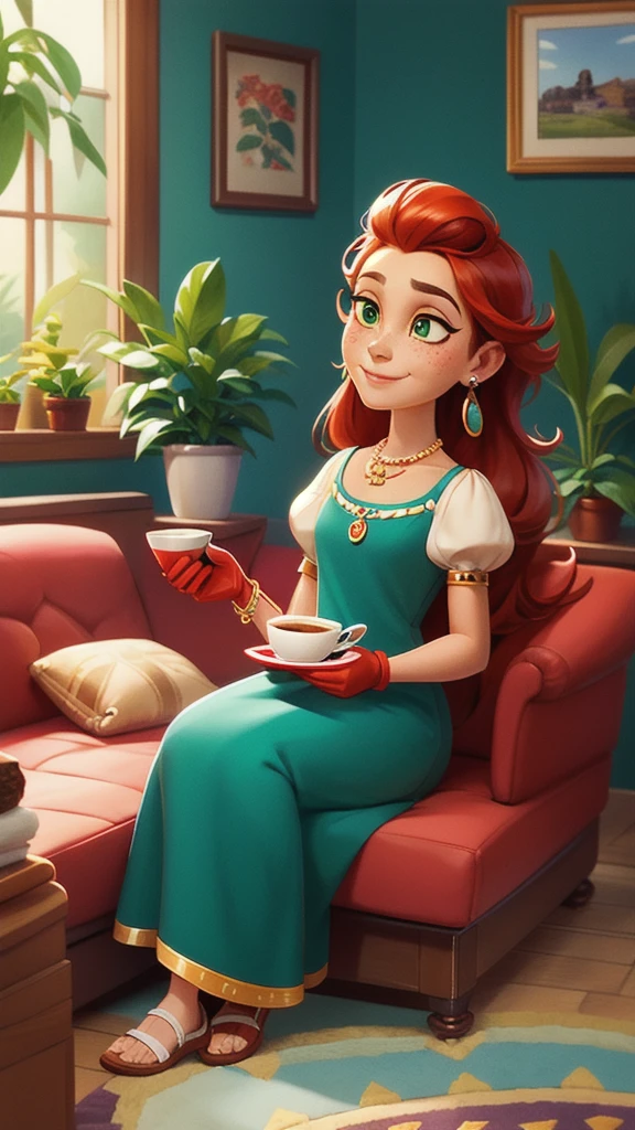 Concept Art,character illustration of a,European and American cartoons,（whole body：1.5），Mid-Long View，carpet，（Puppy lying on the floor），shoe，一个20岁的金发女生悠闲的sit在living room，Holding a cup of coffee，A laid-back expression，Relax，Leisure，European and American cartoons，1 Girl,freckle,Solitary,Jewelry,Green Eyes,Weaving,earrings,twin Weavings,necklace,Looking at the audience,Red hair,plant,Puff sleeves,bracelet,Smile,Long hair,puffy short sleeve,Necklace,dress，flower，Coffee cup，Gloves，earrings，Jewelry，肘部Gloves，cup，，sit，sofa，window，cake，小cake，sofa，living room，solo