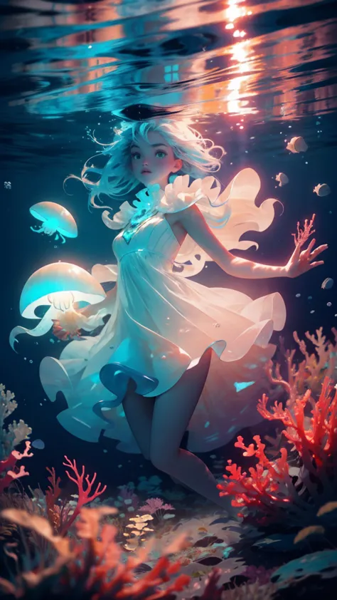 (((underwater))), beautiful young girl, long blue hair, white dress, water, glowing jellyfish, sea life, sea plants, fishes