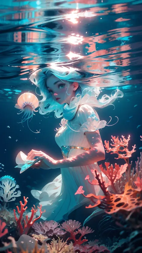 (((underwater))), beautiful young girl, long blue hair, white dress, water, glowing jellyfish, sea life, sea plants, fishes