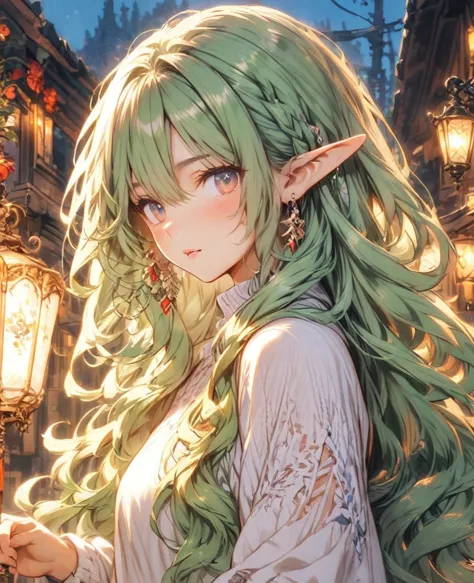 Green Hair　Long Hair　Elf　sweater　